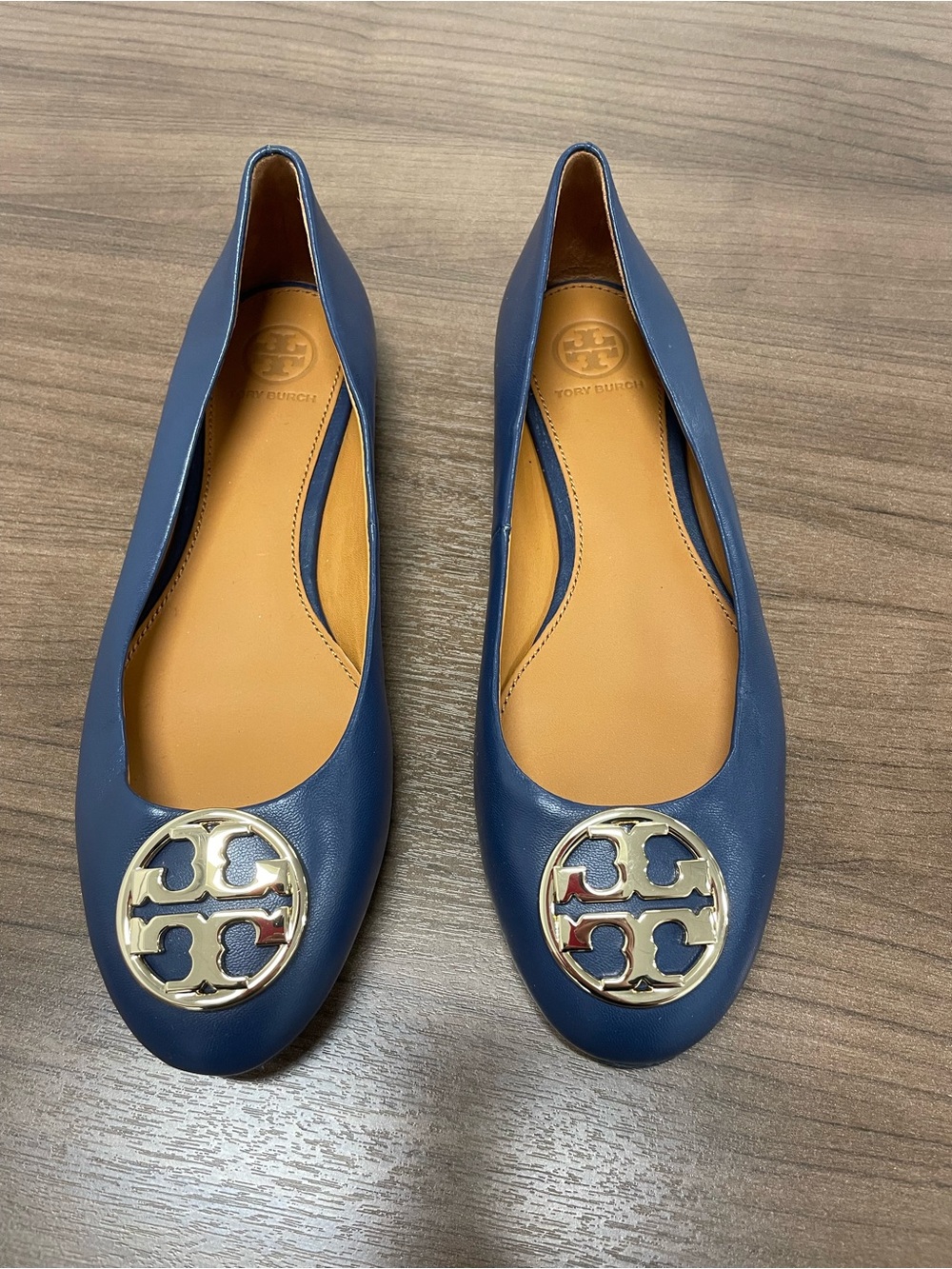 Tory Burch Navy Blue Leather Logo Ballet Flats